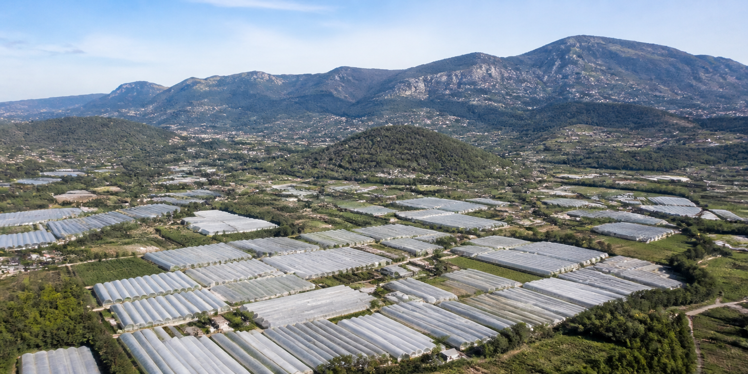 Vue aérienne de serres agricoles en Auvergne-Rhône-Alpes éligibles au financement CEE