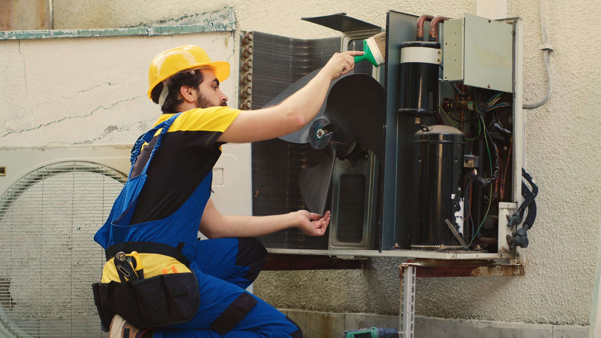 Technicien assurant l'entretien d'un déstratificateur d'air pour un client ElectroGroup en Pays de la Loire